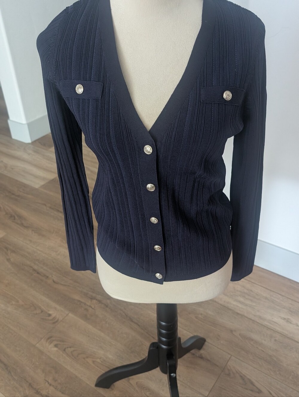 Classic V-Neck Black Ribbed Button Cardigan Sweater